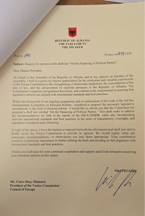 NIKO PELESHI I KËRKON OPINION KOMISIONIT TË VENECIAS PËR LIGJIN E FINANCIMIT TË PARTIVE